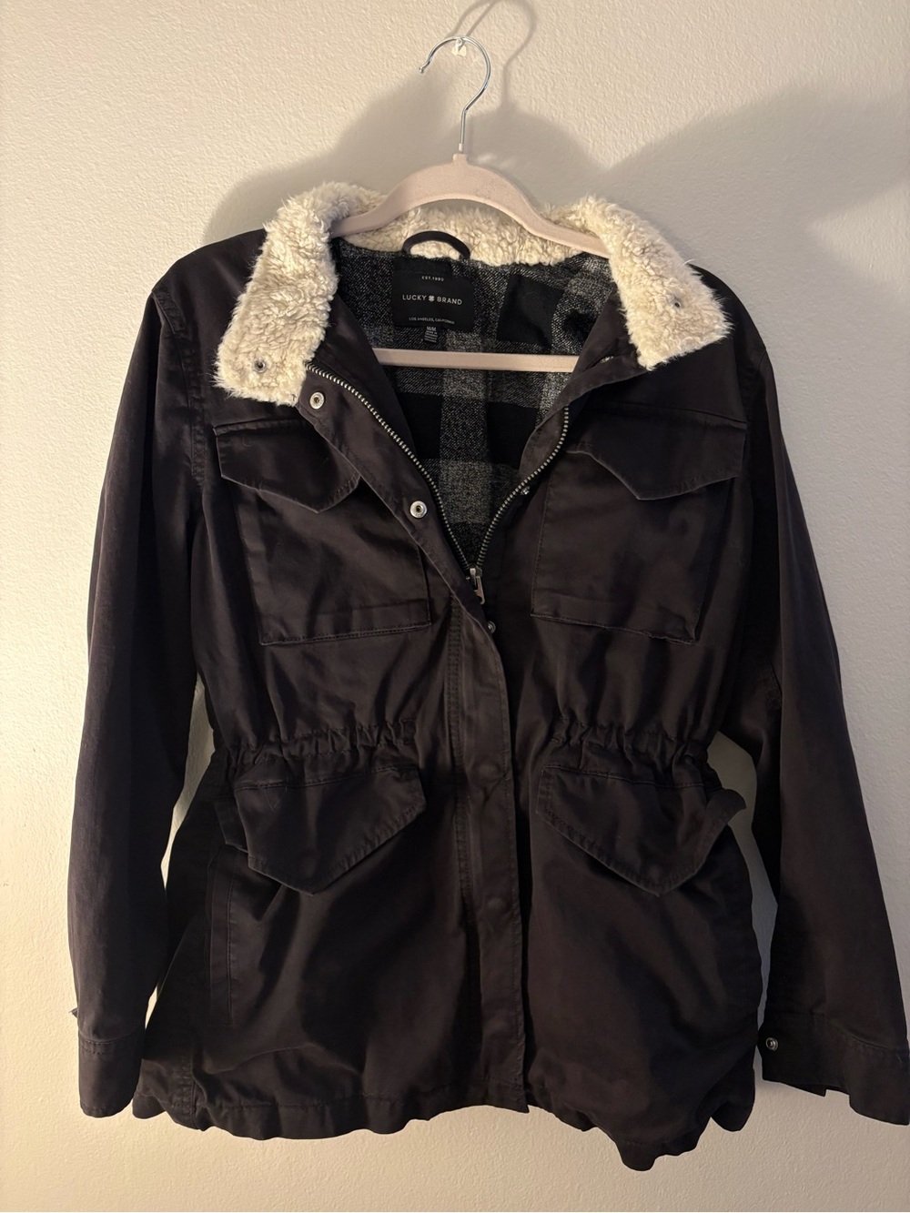 Lucky Brand Black Utility Jacket with Cream Sherpa Collar